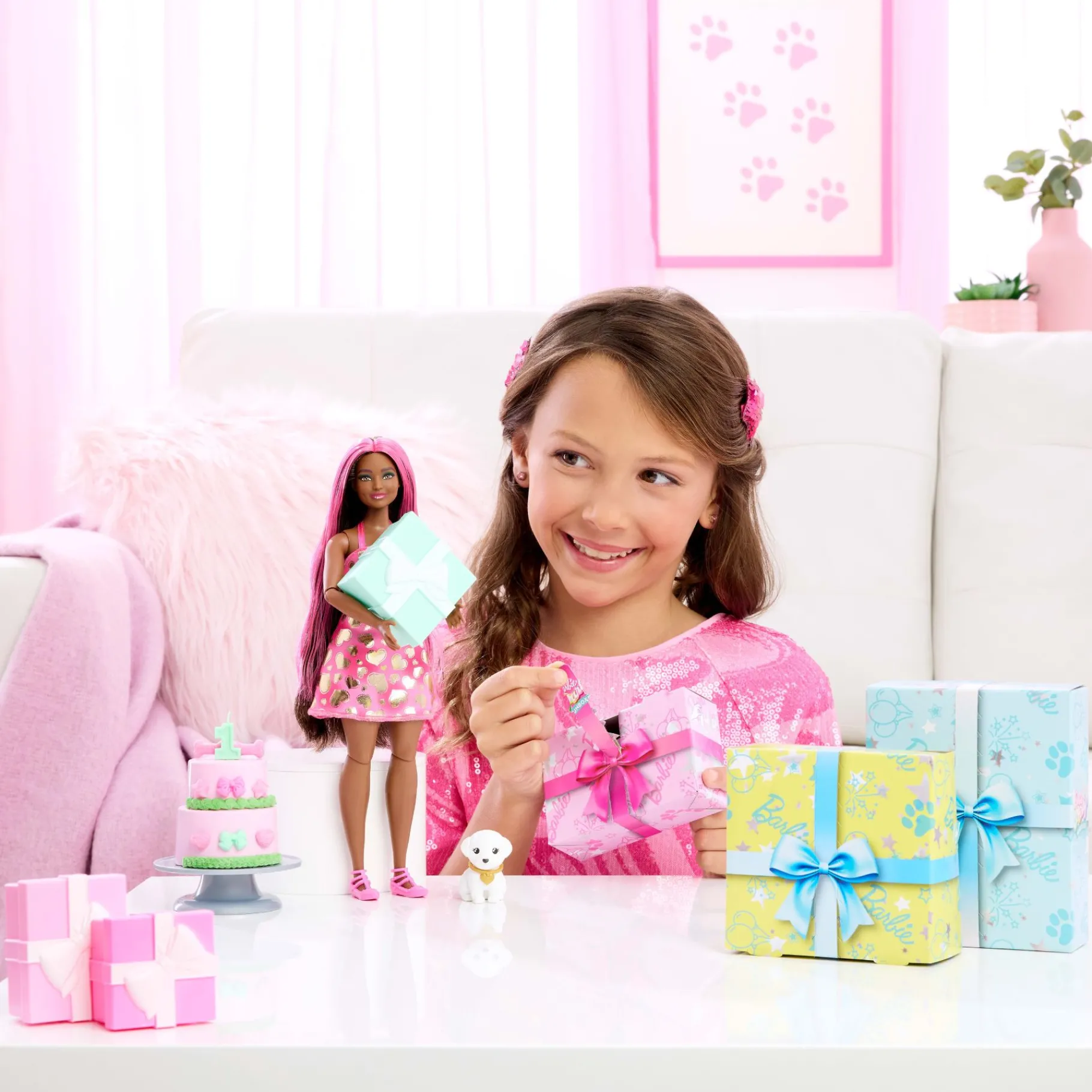 Meisjes|Tienerpoppen> Barbie Party unboxed 2/1 pop met knalroze jurk