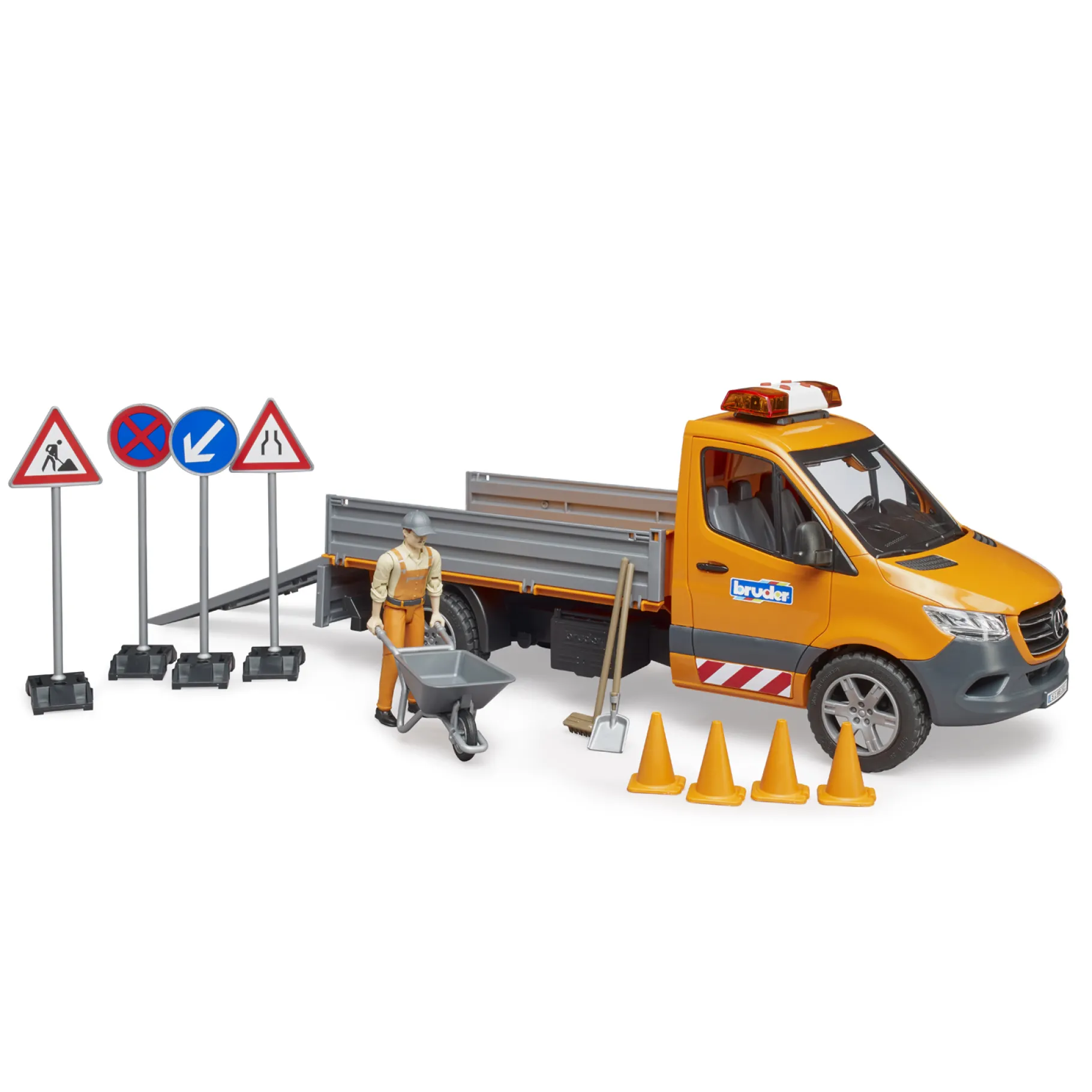 Voertuigen|Jongens>Bruder Mercedes-Benz Sprinter Wegenbouw met Figuur en Accessoires + Licht en Geluid