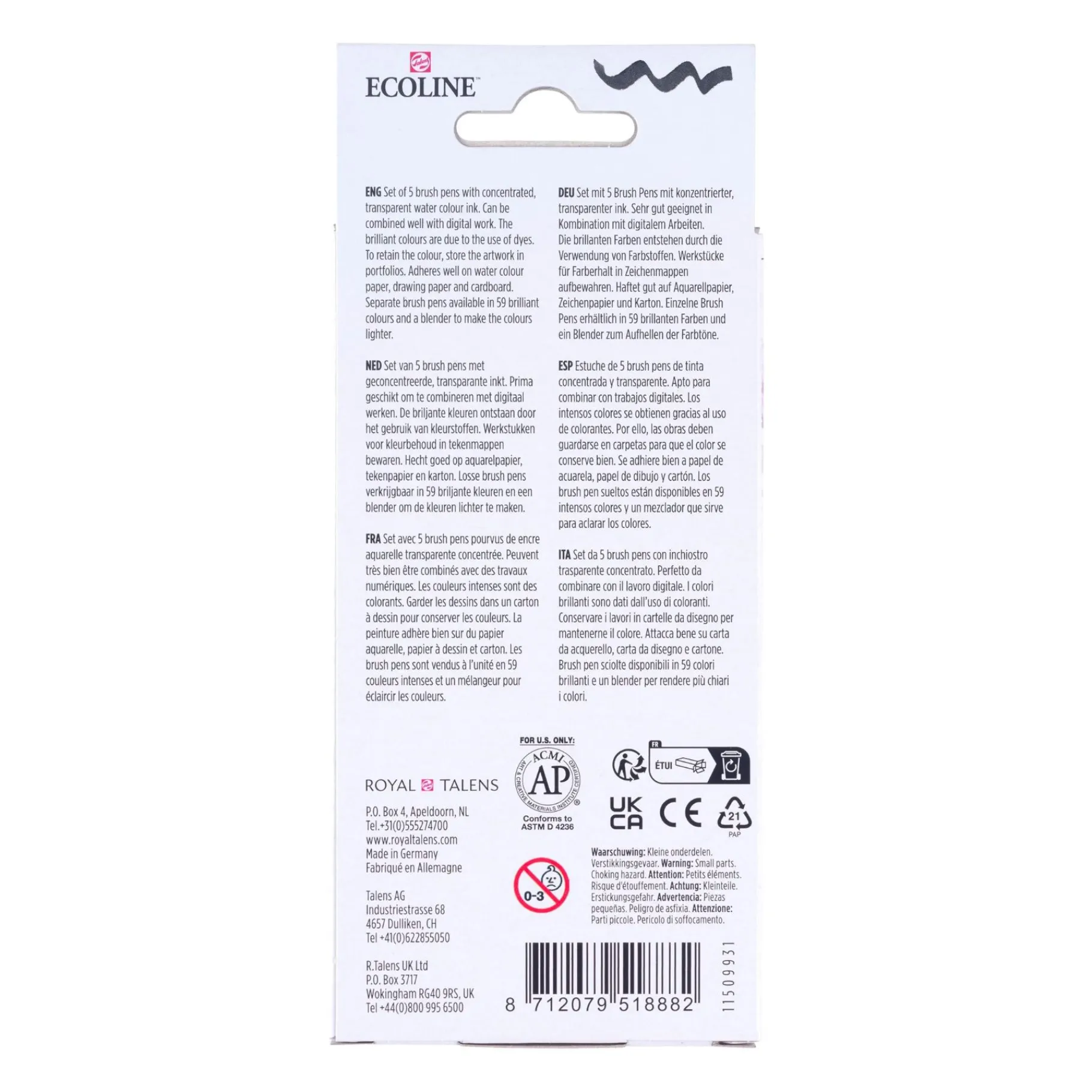 Tekenen / Kleuren>Bruynzeel brush pen set ecoline pastel 5 stuks