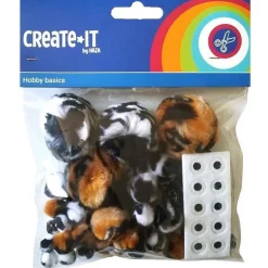 Knutselsets|Stickers> Create-It Pompom Animal Mix en oogjes 60 Stuks
