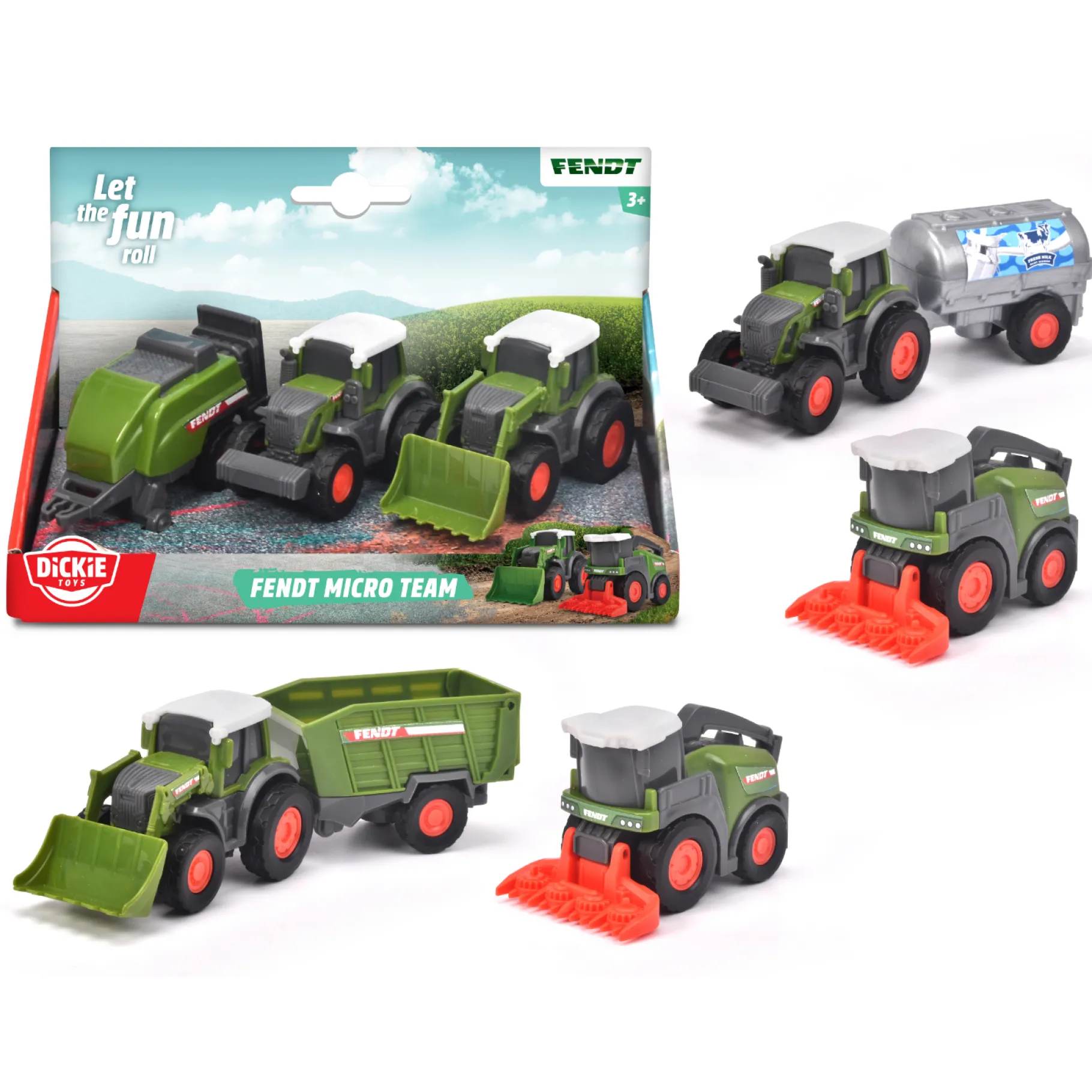 Boerderij|Jongens>Dickie Toys Fendt Tractor 3-Delige set (3 Assorti) 9 Cm