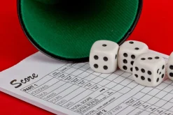 Dobbelspellen> Dobbelset Spel Compleet met 5 Dobbelstenen Dobbelbeker en Scoreblok op Blister