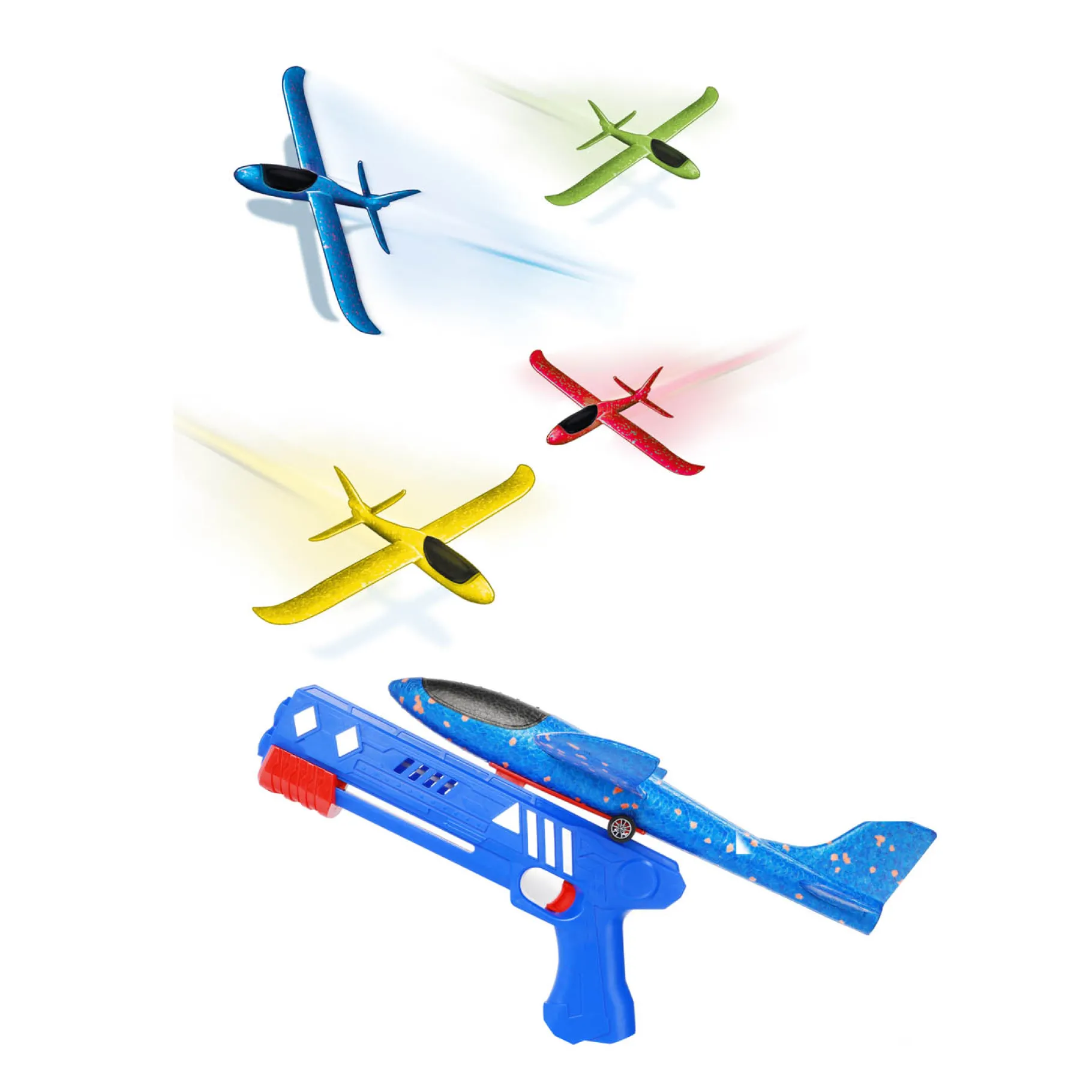 Voertuigen|Jongens> Foam vliegtuig met afschietpistool 4 assorti