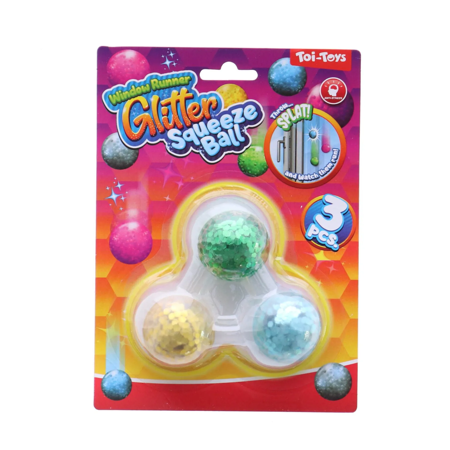 Fidget Toys> Raamkruiper knijpballen glitter 4 cm 3 stuks